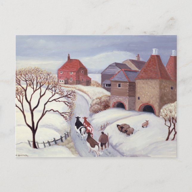 Carte Postale Conduire des vaches à la maison dans la neige (Devant)