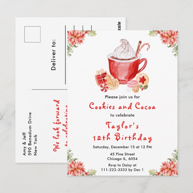Carte Postale Cookies de Noël et cacao Fête d'anniversaire Rouge (Devant / Derrière)