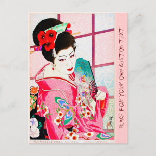 Carte Postale Cool beauté japonaise Lady Geisha rose Fan art