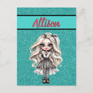 Carte Postale Cool Fashion Girl Turquoise Parties scintillant pe