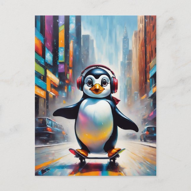 Carte Postale Cool Peinture d'Art numérique de pingouin (Devant)