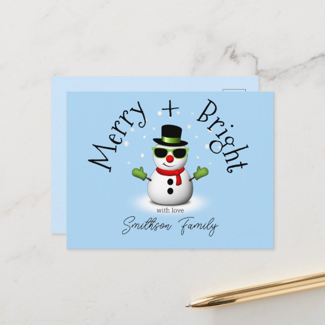 Carte Postale Cool Snowman Joyeux Noël brillant Famille personna (Devant/Arrière en situation)