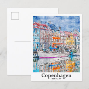 Carte Postale Copenhague Danemark Aquarelle Voyage Main tirée