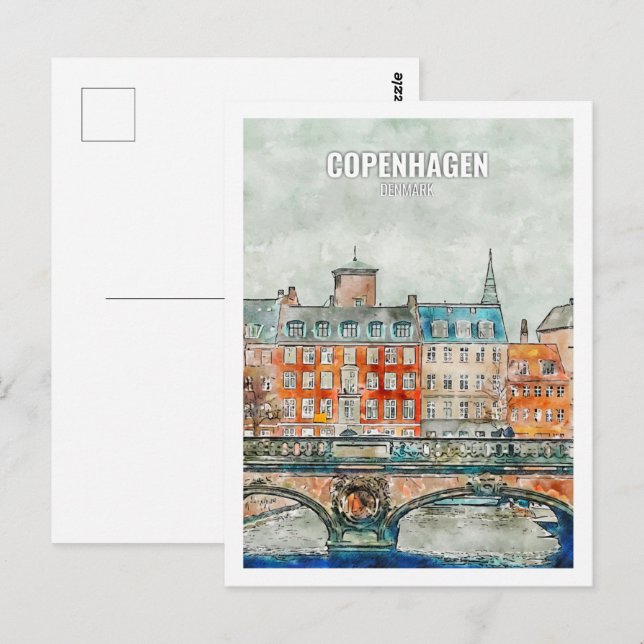 Carte Postale Copenhague Danemark célèbre Travel Place Watercolo (Devant / Derrière)