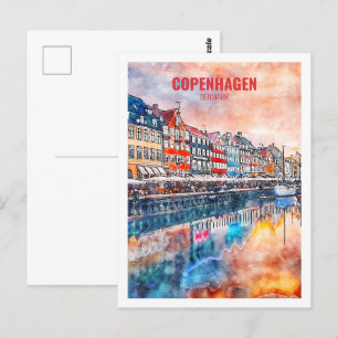 Carte Postale Copenhague Danemark célèbre Travel Place Watercolo