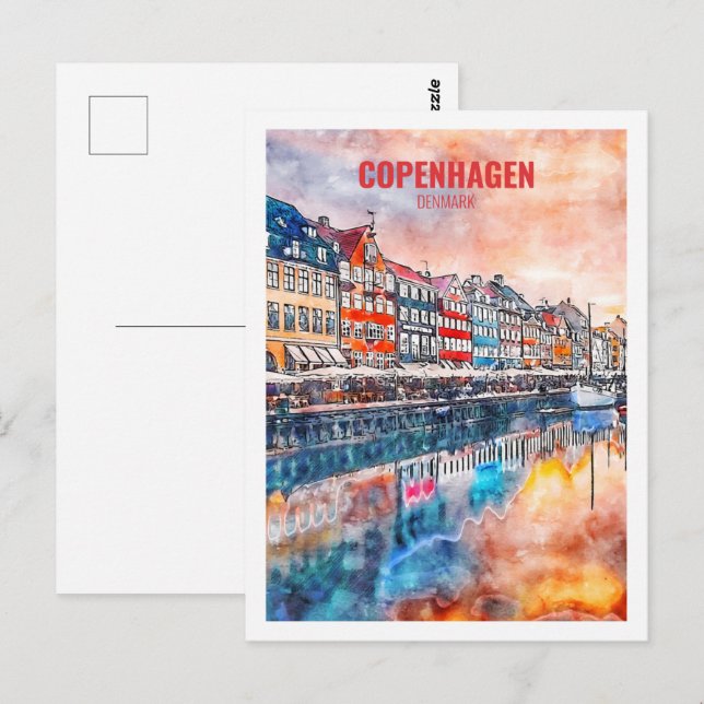 Carte Postale Copenhague Danemark célèbre Travel Place Watercolo (Devant / Derrière)