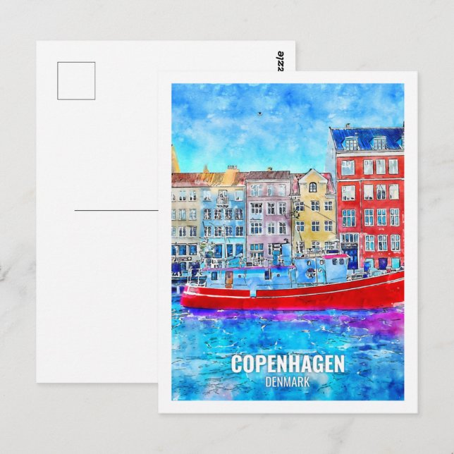 Carte Postale Copenhague Danemark célèbre Travel Place Watercolo (Devant / Derrière)