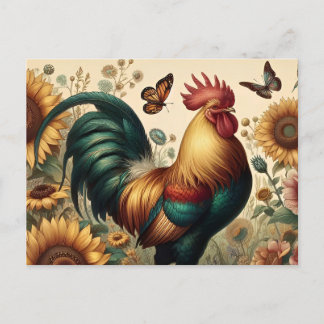 Carte Postale Coq de poulet vintage esthétique et Fleur sauvage