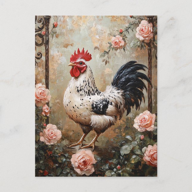 Carte Postale Coq Spectré Parmi Les Roses Roses Roses Roses (Devant)