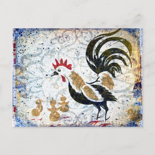 Carte Postale Coq vintage et poussins (Devant)