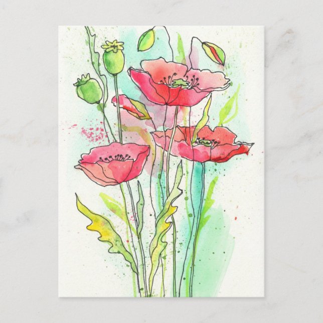 Carte Postale Coquelicots à l'aquarelle peints (Devant)