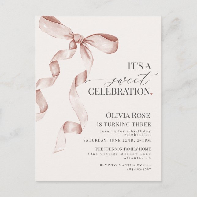 Carte Postale Coquette Beige Bow Girl Anniversaire Fête Invitati (Devant)
