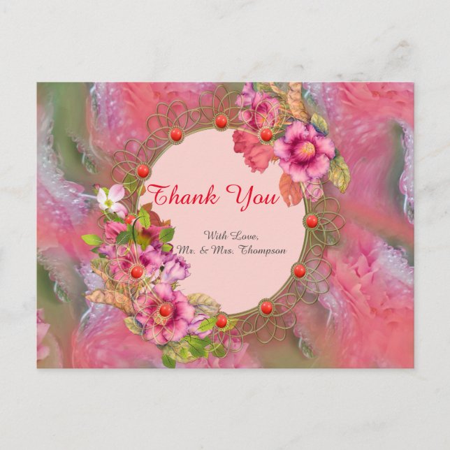 Carte Postale Corail, Herbe et Fleurs rose Pivoine (Devant)