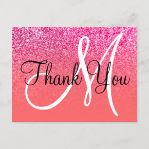 Carte Postale Corail Rose Chaud Ombré Paillettes Monogramme Merc