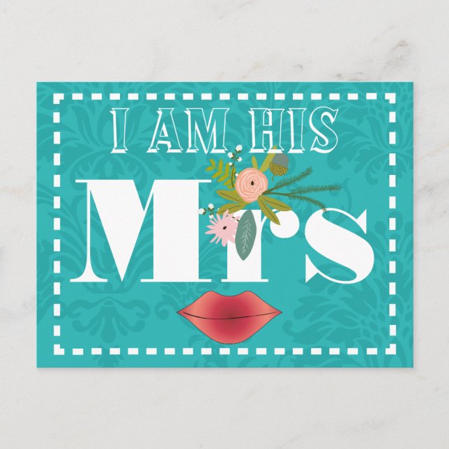 Carte Postale Corail rose Turquoise rétro Mariage damassé rouge (Devant)