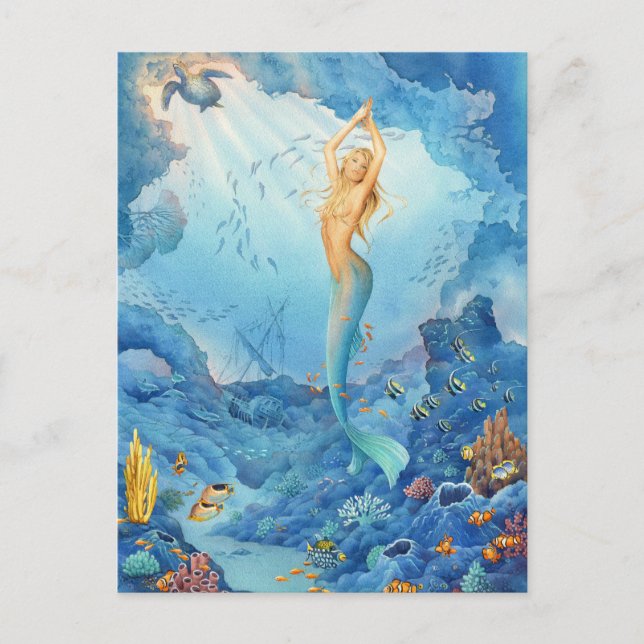 Carte Postale "Corail", Sirène, dauphins, poisson et épave (Devant)