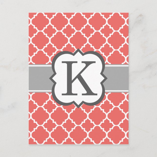 Carte Postale Coral blanc monogramme K Quatrefoil (Devant)