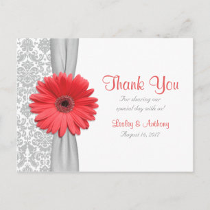 Carte Postale Coral Gerbera Daisy Grey Mariage damassé Merci