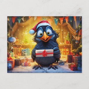 Carte Postale Corbeau avec chapeau de Père Noël et cadeau dans u