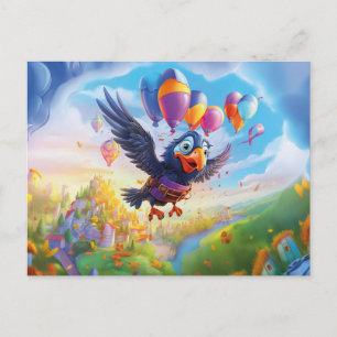 Carte Postale Corbeau d'anniversaire avec ballons et château de