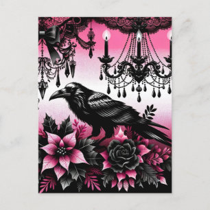 Carte Postale Corbeau de Noël gothique noir et rose et fleurs