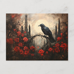 Carte Postale Corbeau gothique aux roses rouges foncées