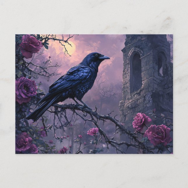 Carte Postale Corbeau gothique Roses pourpres (Devant)