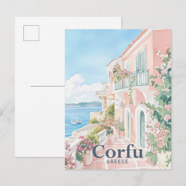 Carte Postale Corfou Grèce Aquarelle Peinture Voyage (Devant / Derrière)