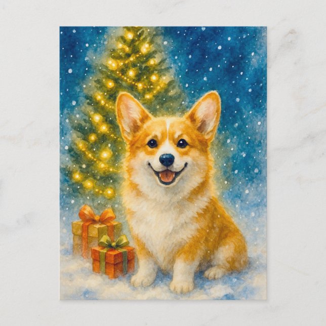 Carte postale Corgi mignonne Joyeux Arbre de Noël (Devant)
