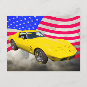 Carte Postale Corvette Stingray 1975 Avec Drapeau Américain