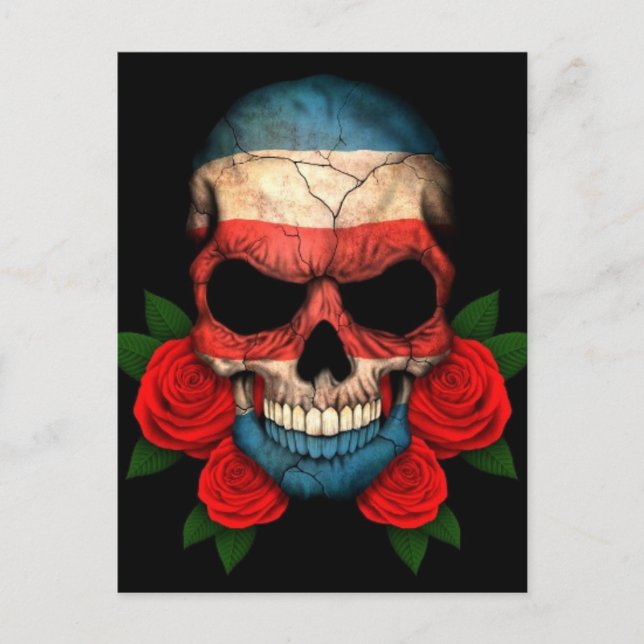 Carte Postale Costa Rica Drapeau crâne avec des roses rouges (Devant)