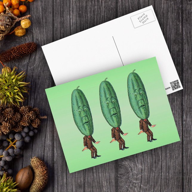 Carte Postale Costume Brown Imaginaire Pickle Man (Three funny men in suits with big green pickle heads with faces on green postcard.)