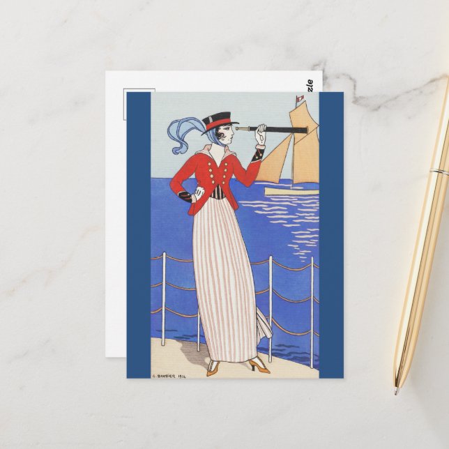 Carte Postale Costume de Yacht par George Barbier  (Devant/Arrière en situation)