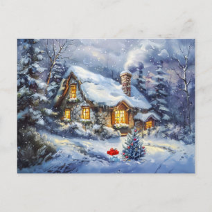 Carte Postale Cosy chalet d'hiver avec sapin de Noël