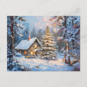 Carte Postale Cosy chalet d'hiver avec sapin de Noël
