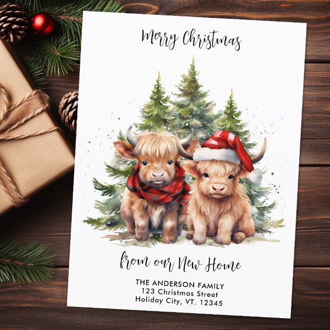 Carte Postale Cosy Highland Cow Nouvelle adresse Christmas Movin (Créateur téléchargé)