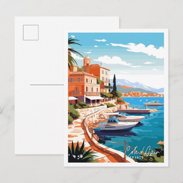 Carte Postale Côte d Azur France Illustration de voyage Art vint (Devant / Derrière)