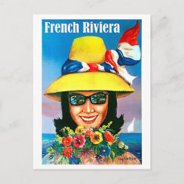 Carte Postale Côte d'Azur, femme lunettes de soleil avec chapeau