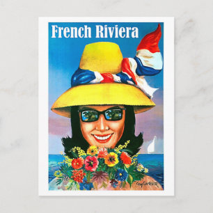 Carte Postale Côte d'Azur, femme lunettes de soleil avec chapeau