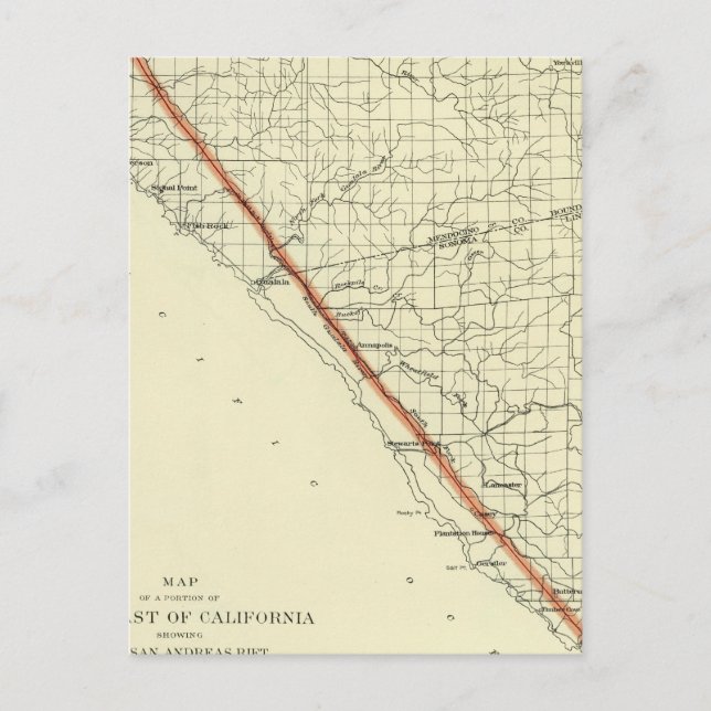 Carte Postale Côte de Californie montrant San Andreas Rift (Devant)