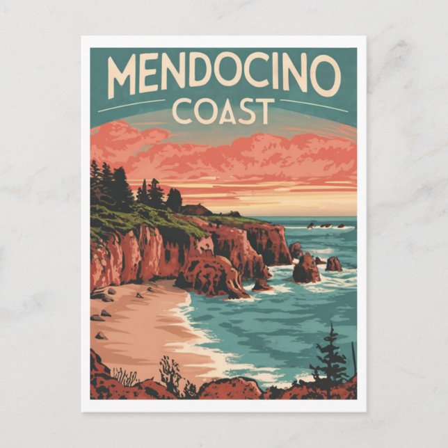 Carte Postale Côte Mendocino, Californie Aquarelle Retro (Devant)