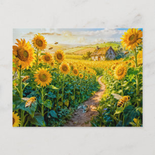 Carte Postale Cottage du chemin des tournesols avec chat et flor