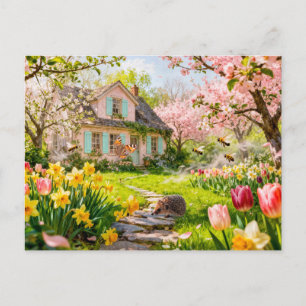 Carte Postale Cottage printanier avec abeilles, hérisson et flor