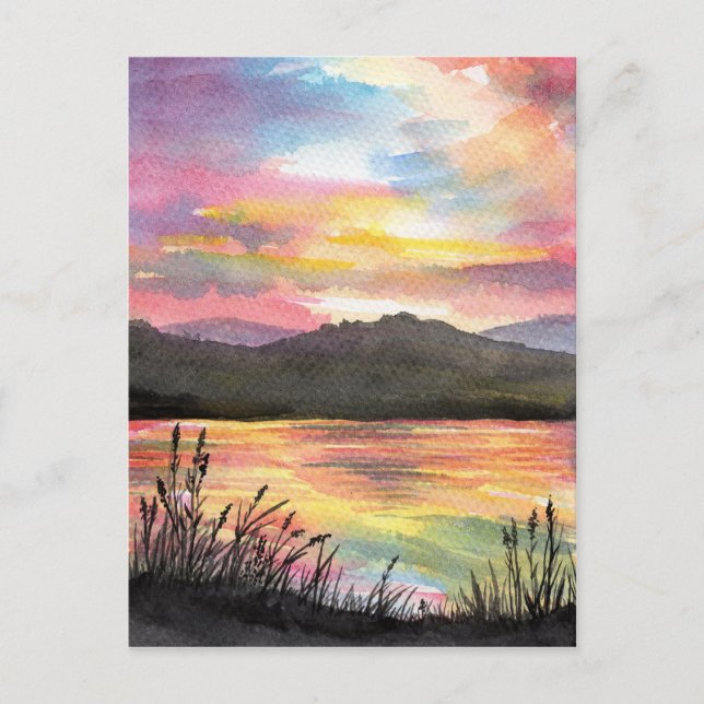 Carte Postale Coucher de soleil au bord du lac (Devant)