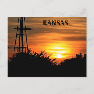 Carte Postale Coucher de soleil au Kansas avec silhouette d'éoli