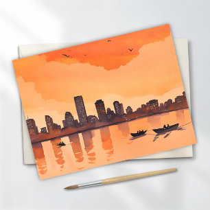 Carte Postale Coucher de soleil Cityscape   Aquarelle Orange Cit