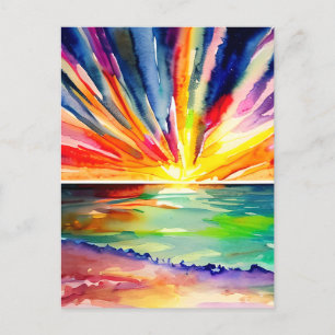 Carte Postale Coucher de soleil coloré sur l'Océan Aquarelle Art