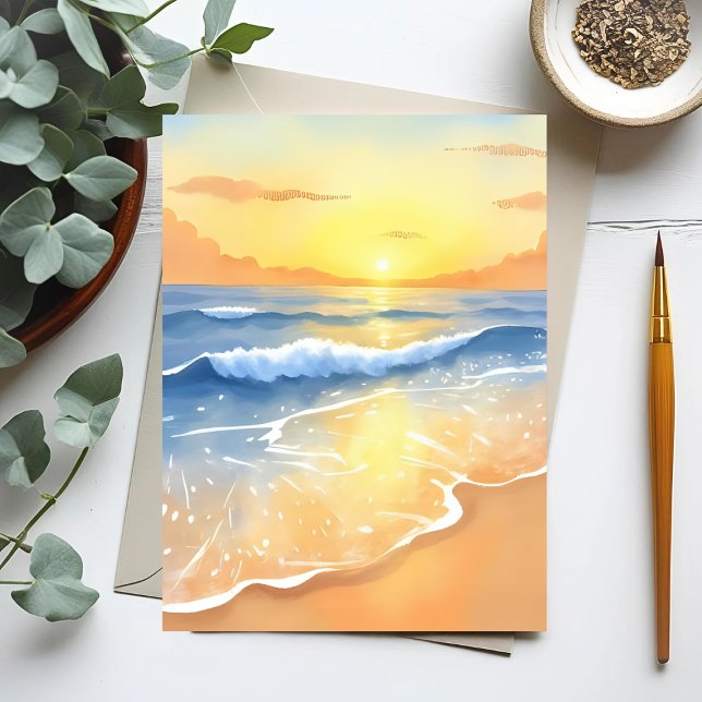 Carte Postale Coucher de soleil des vagues d'océan | Aquarelle d (Créateur téléchargé)