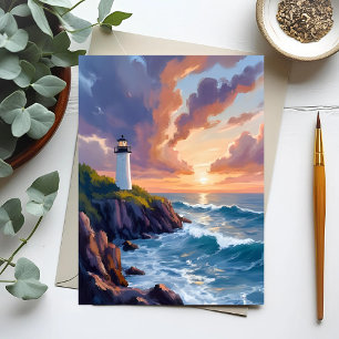 Carte Postale Coucher de soleil du phare côtier   Peinture de l'