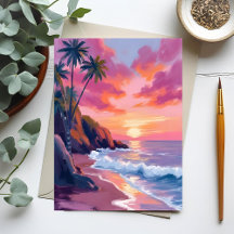 Coucher de soleil rose tropical océan aquarelle